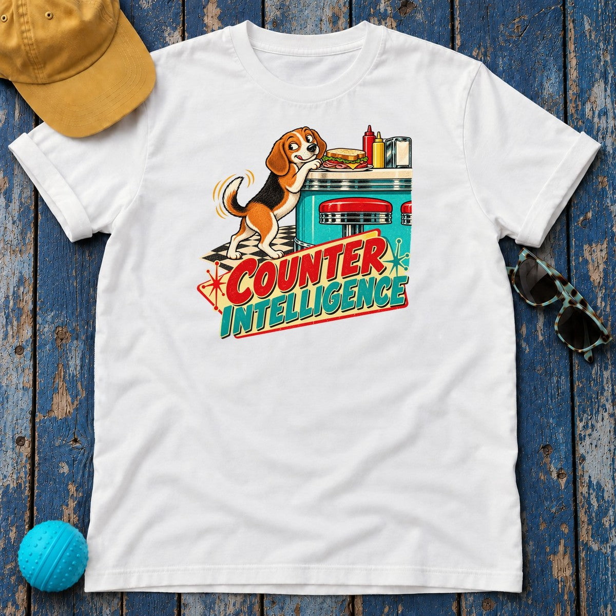 Counter Intelligence Beagle T-Shirt in White - flat lay