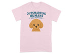 Pink t-shirt with "Outsmarting Humans Since Puppyhood" and a poodle graphic.