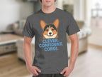 Dark grey t-shirt with "CLEVER. CONFIDENT. CORGI." text and corgi face graphic.