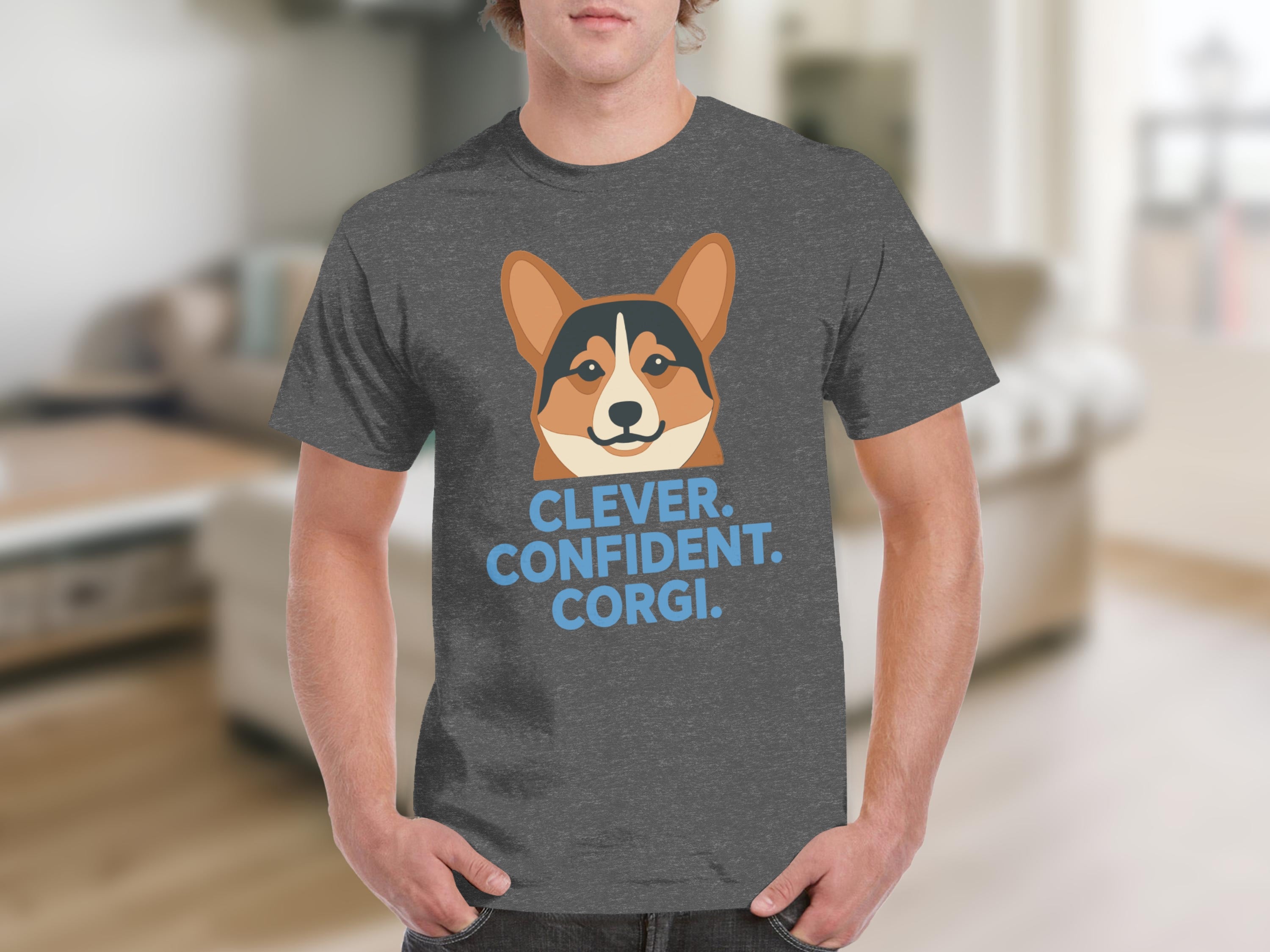 Dark grey t-shirt with "CLEVER. CONFIDENT. CORGI." text and corgi face graphic.