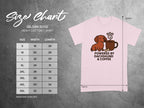 Gildan 5000 Heavy Cotton T-Shirt size chart with "Powered by Dachshund & Coffee" graphic.
