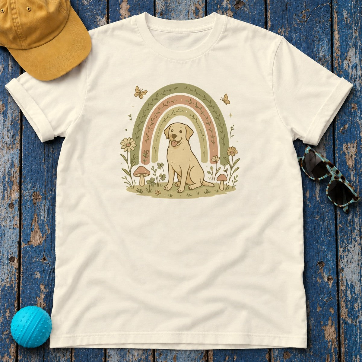 Adorable Labrador in Garden with Rainbow Graphic T-Shirt in Natural