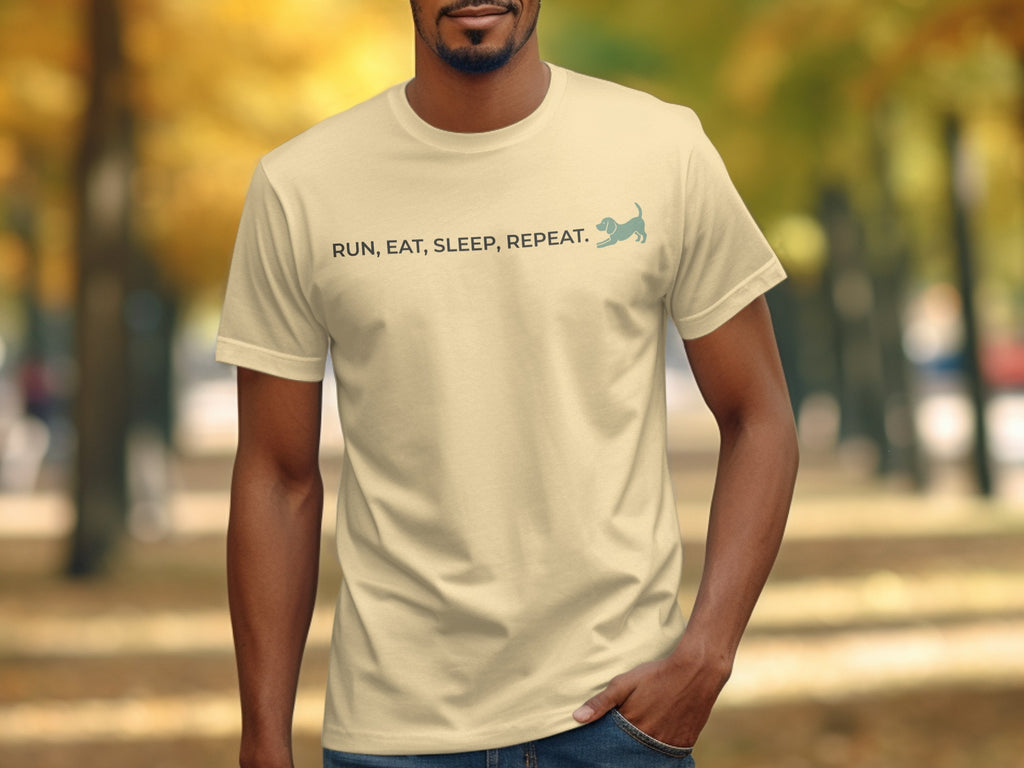 Cream t-shirt with "Run, Eat, Sleep, Repeat" text and a small cat silhouette.
