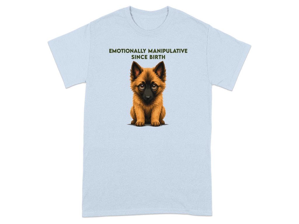 Light blue t-shirt with a puppy illustration and "EMOTIONALLY MANIPULATIVE SINCE BIRTH" text.