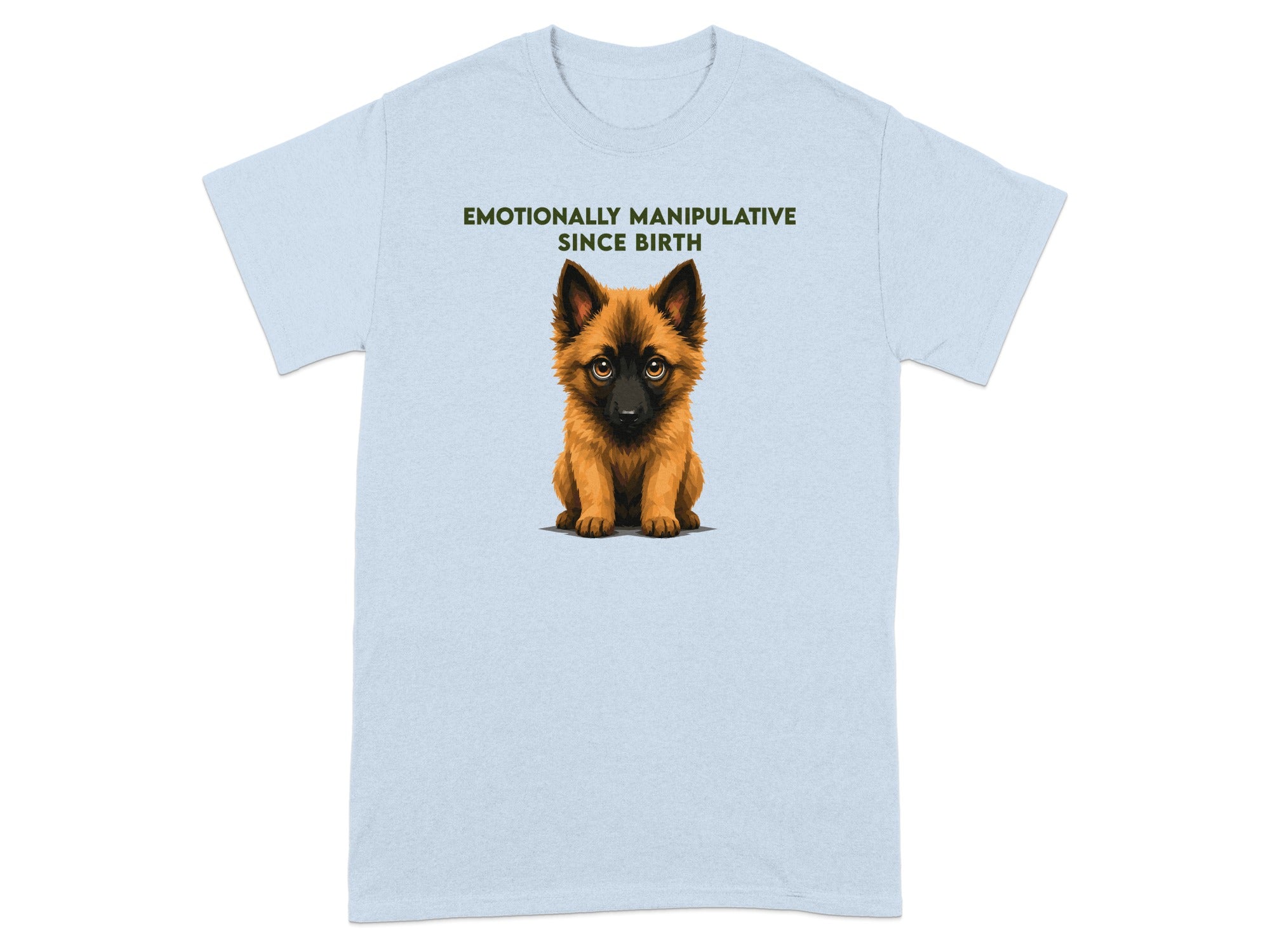 Light blue t-shirt with a puppy illustration and "EMOTIONALLY MANIPULATIVE SINCE BIRTH" text.