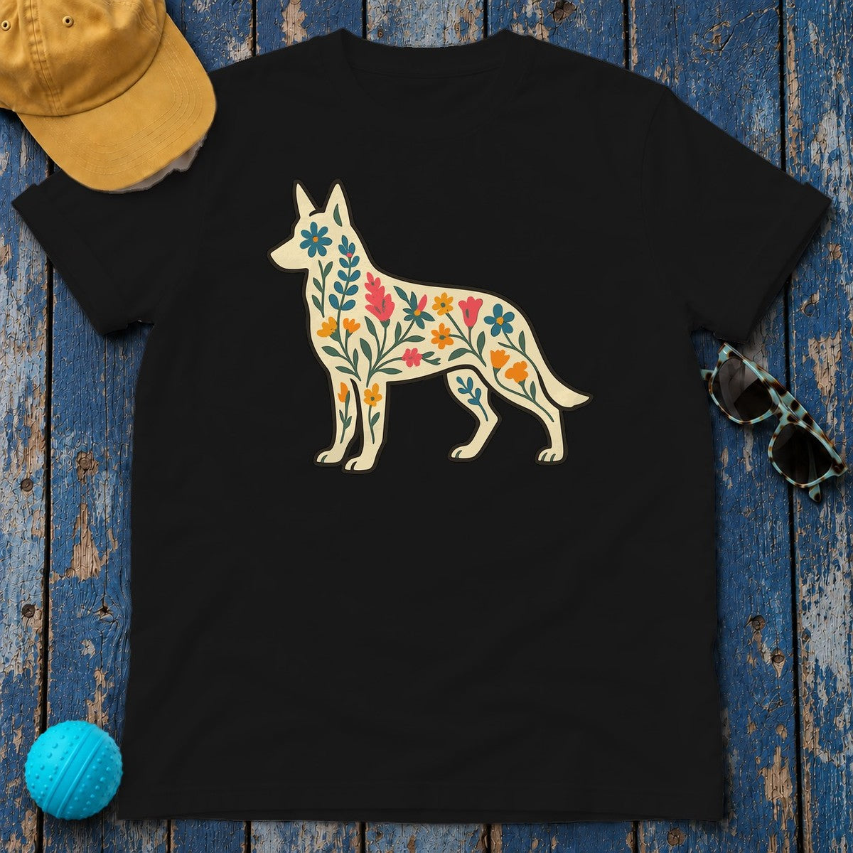 Floral German Shepherd T-Shirt in Black