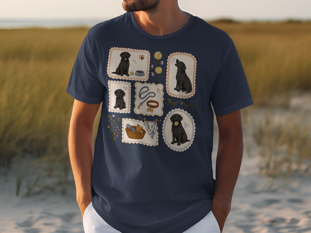 Navy t-shirt with five framed illustrations of black Labrador puppies playing.
