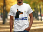 Man in white t-shirt with Doberman and "FOCUSED BEYOND ALL REASON" text.
