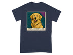 Navy t-shirt with vintage style golden retriever portrait and "Endless Hunger" text.