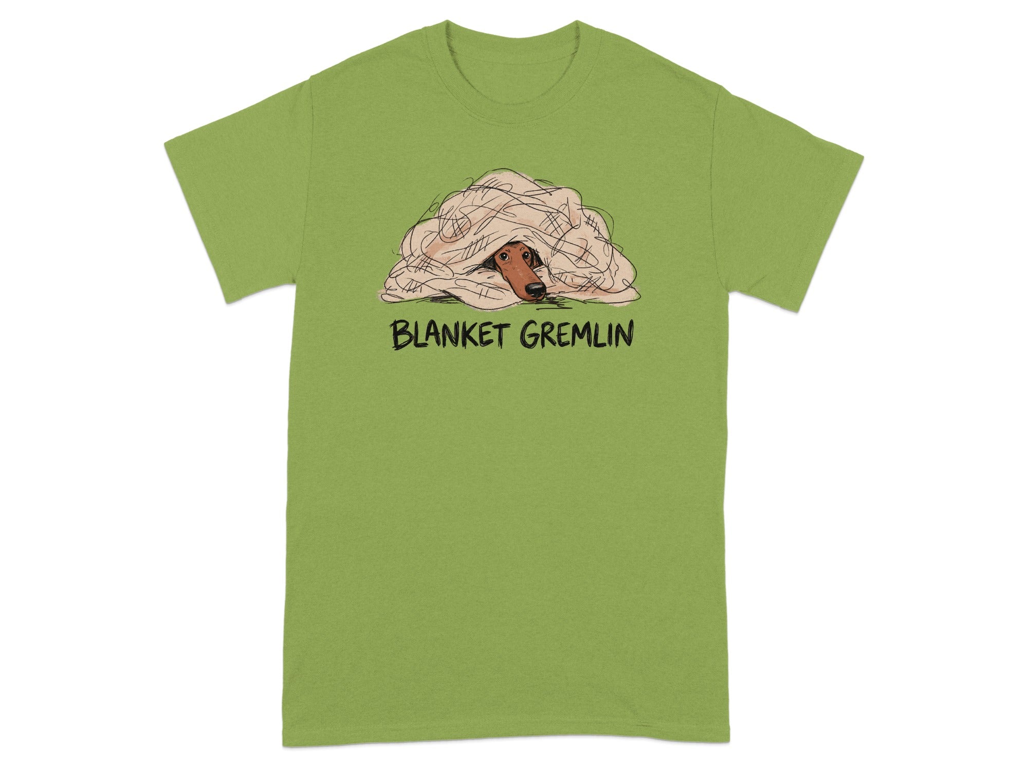 Green t-shirt with a dog peeking out from under a blanket, text "BLANKET GREMLIN".