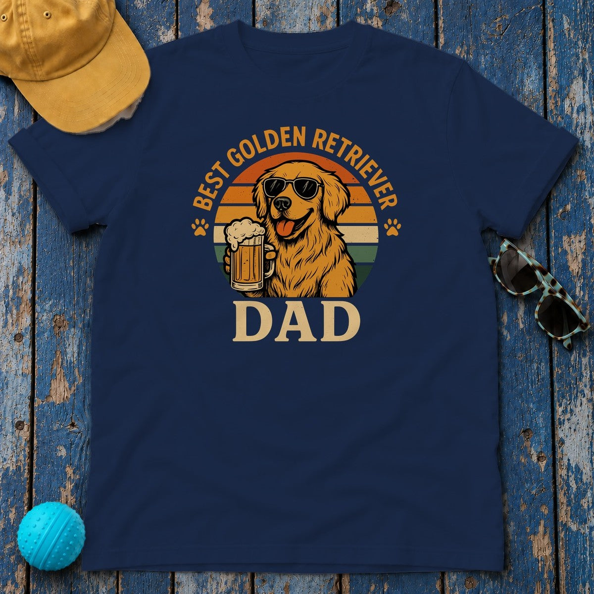 Best Golden Retriever Dad with Beer and Shades T-Shirt in Navy