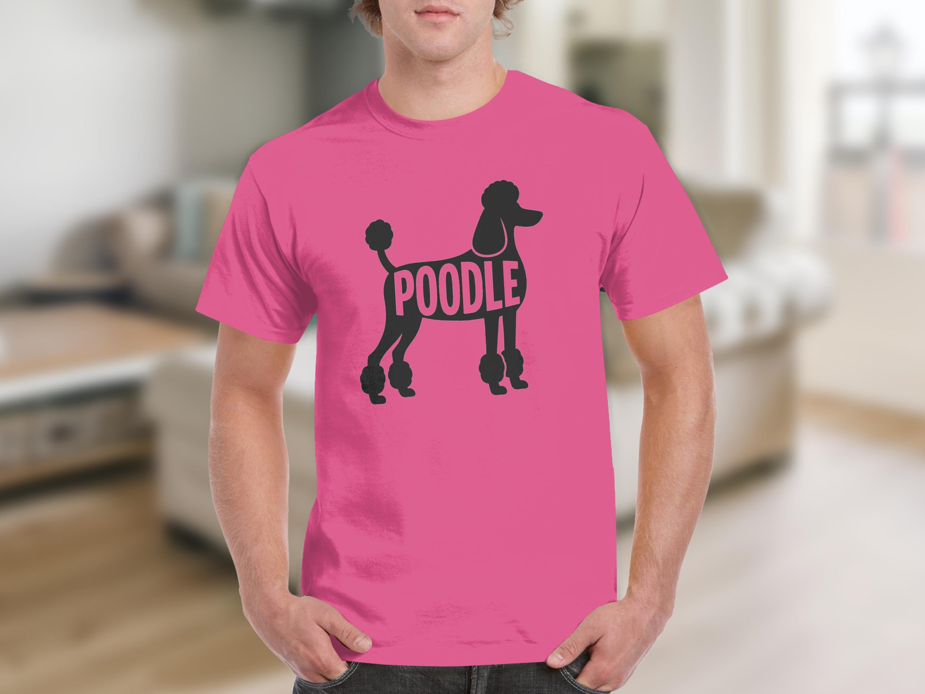 Pink t-shirt with black poodle silhouette and "POODLE" text.