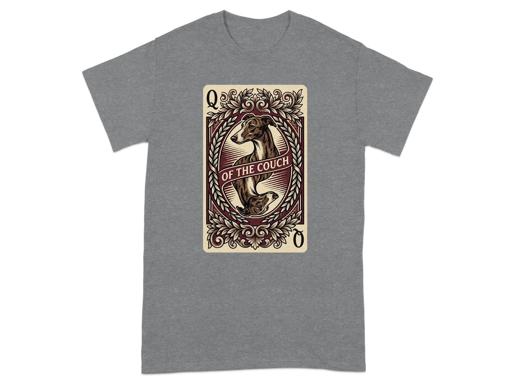 Queen of Hearts playing card with an Italian Greyhound illustration.
