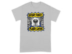 Grey t-shirt with a cartoon dog nose and "SCENT FIRST. PLANS LATER." text.