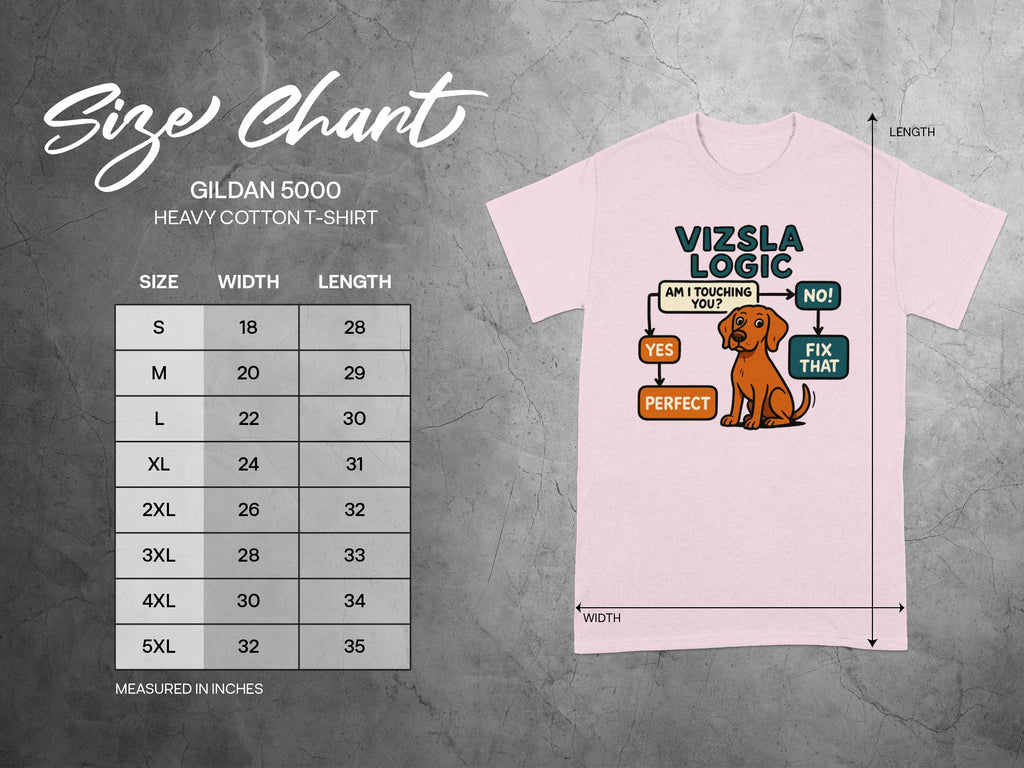 Gildan 5000 size chart for Vizsla Logic t-shirt with measurements in inches.