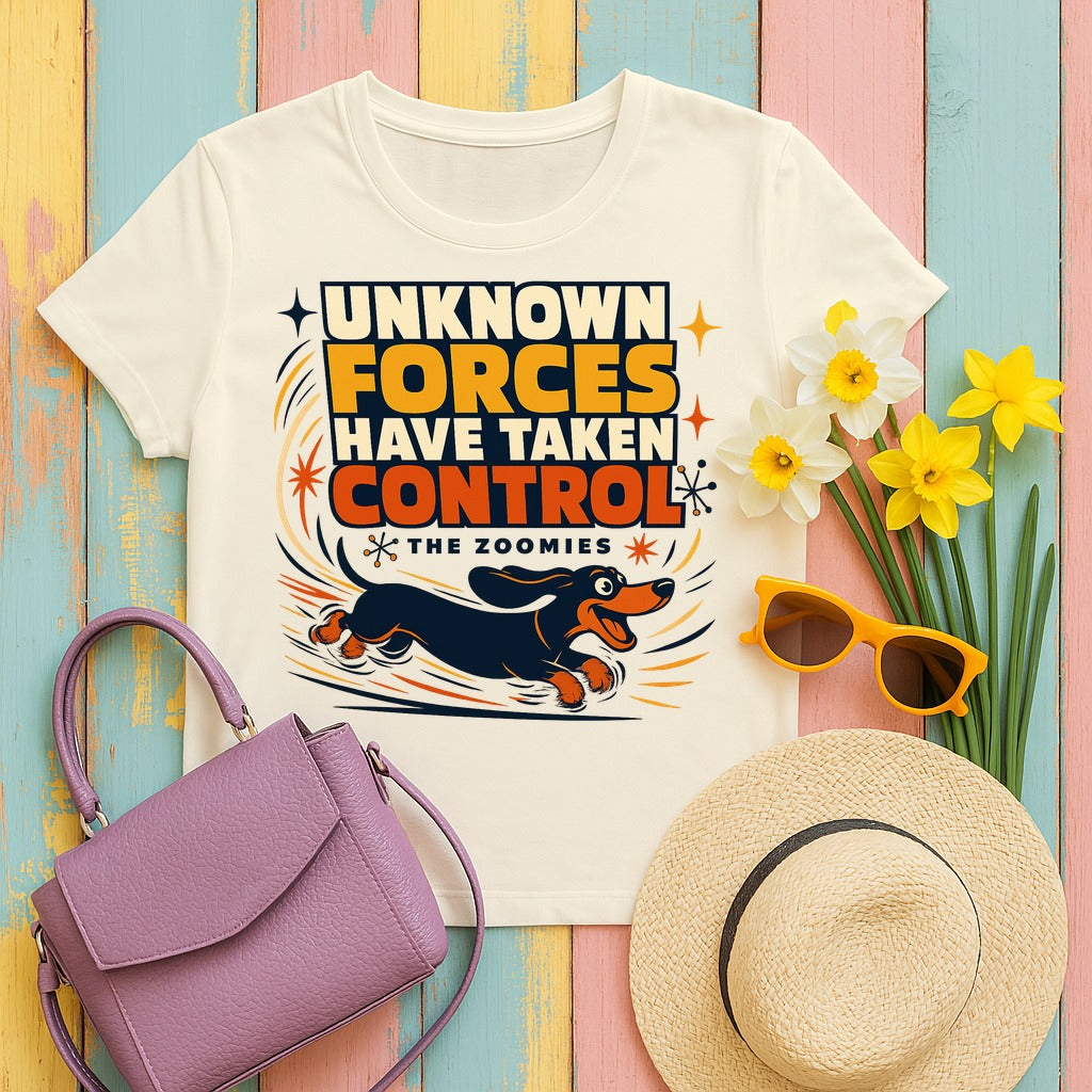 Unknown Forces: The Zoomies Dachshund T-shirt in Natural