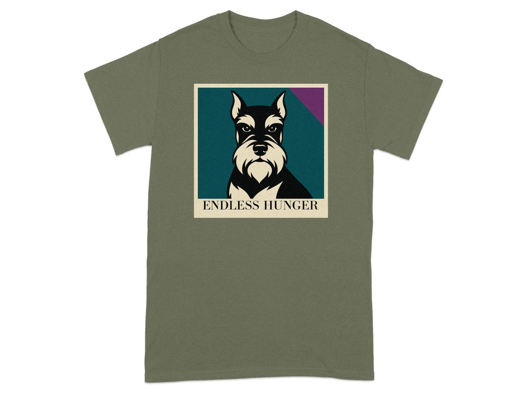 Green t-shirt with a stylized schnauzer portrait and the text "ENDLESS HUNGER".