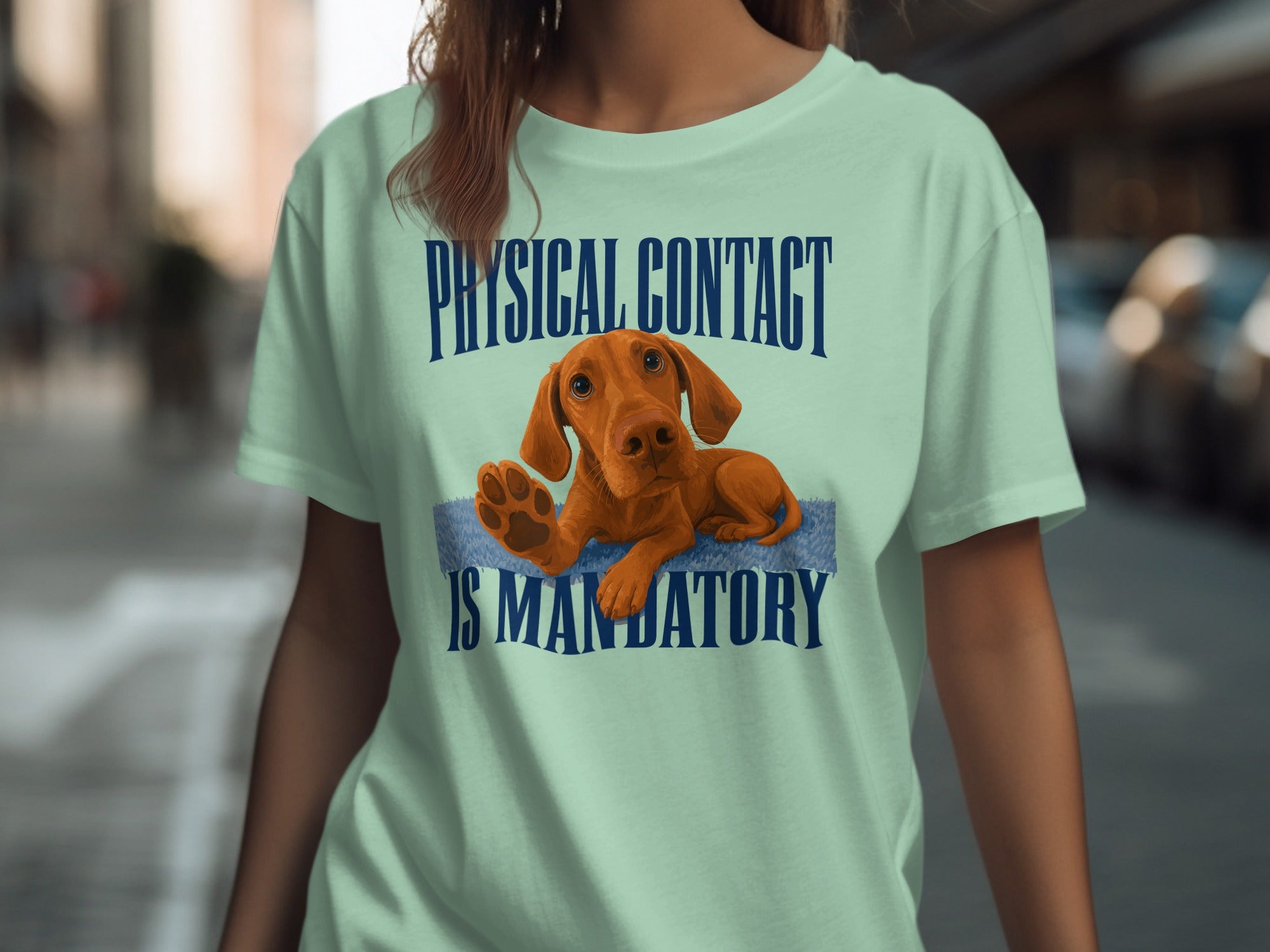 Light blue t-shirt with dog and text "PHYSICAL CONTACT IS MANDATORY".