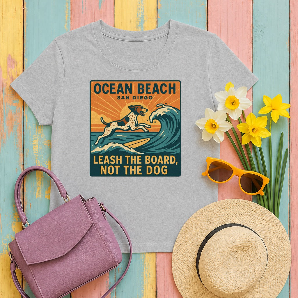 Ocean Beach San Diego Leash The Board Not The Dog German Shorthaired Pointer T-Shirt in Sport Grey