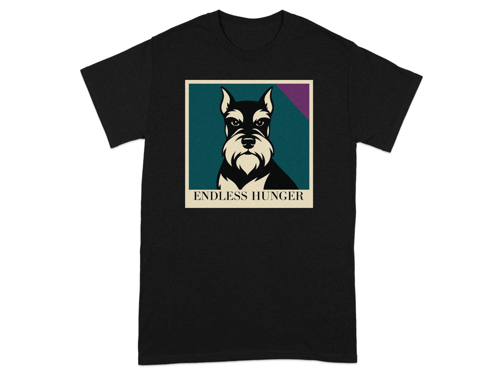 Black t-shirt with a schnauzer dog graphic and text "ENDLESS HUNGER".