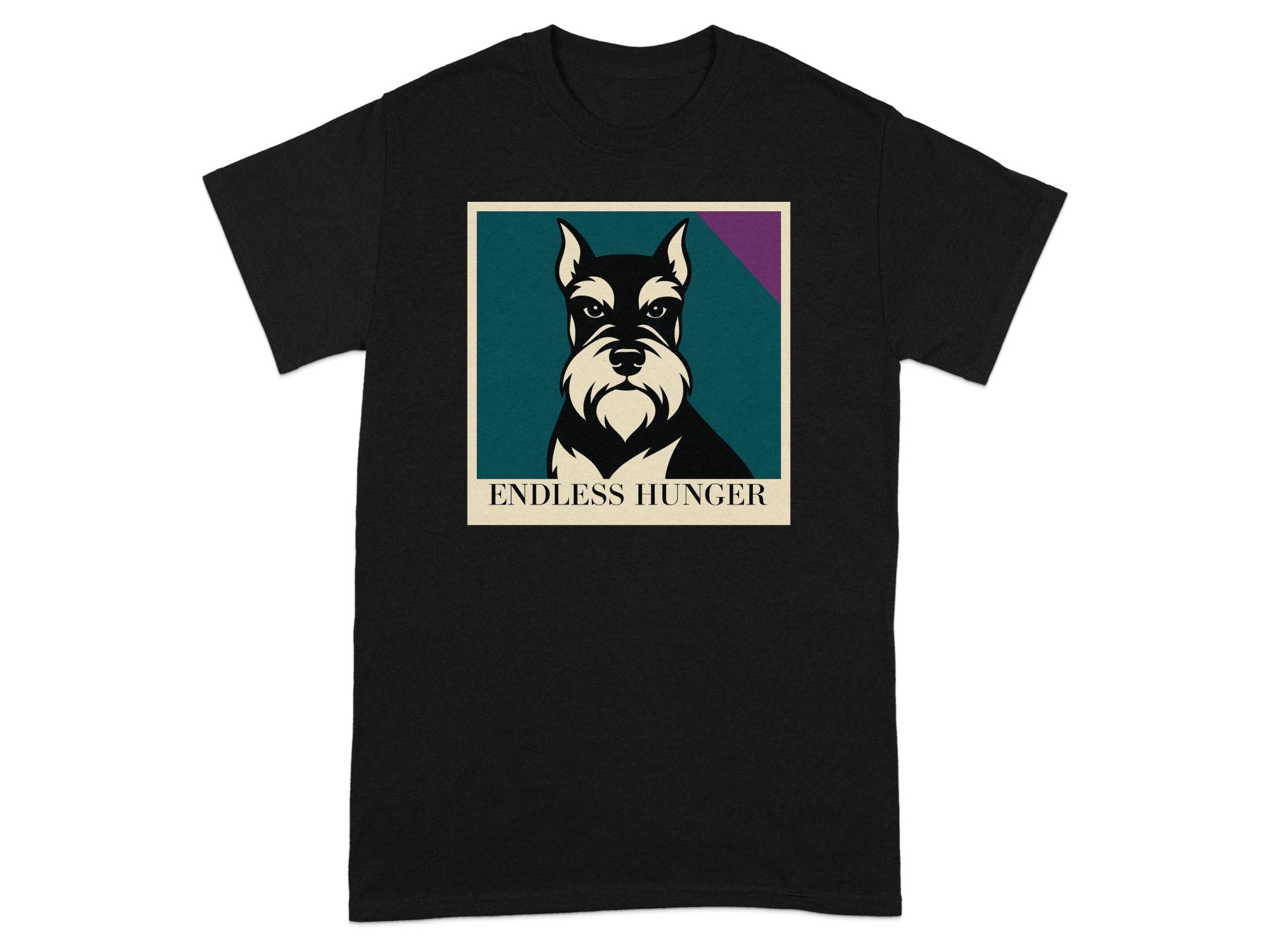 Black t-shirt with a schnauzer dog graphic and text "ENDLESS HUNGER".