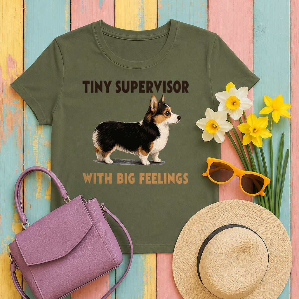 Tiny Supervisor Corgi T-Shirt in Military Green