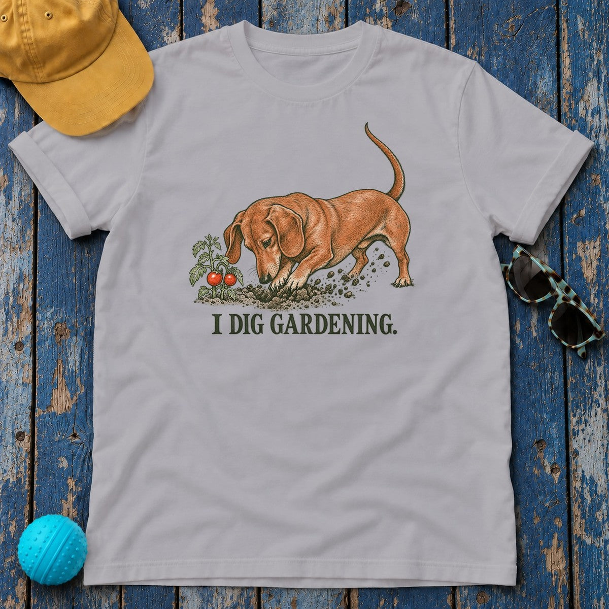 I Dig Gardening Dachshund T-Shirt in Athletic Heather - flat lay