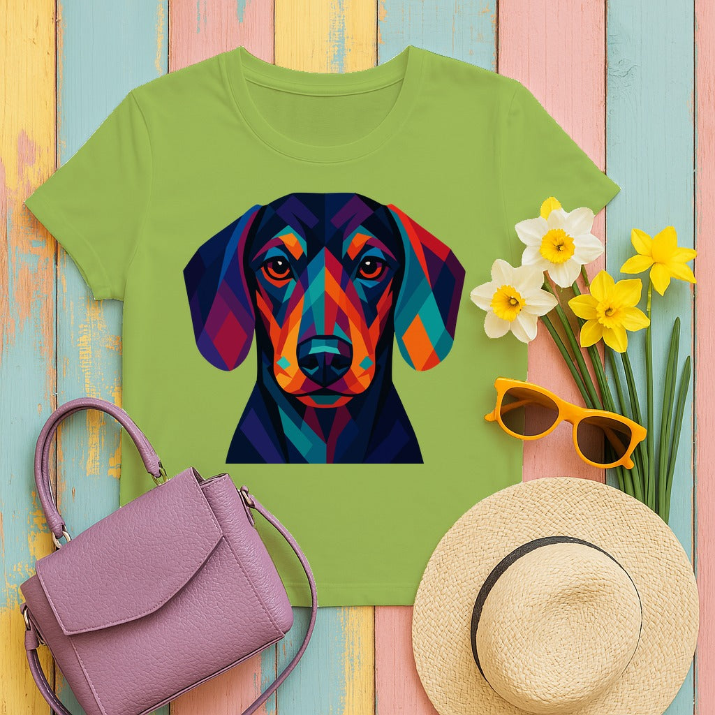 Colorful Geometric Dachshund Graphic Art Design T-Shirt in Kiwi