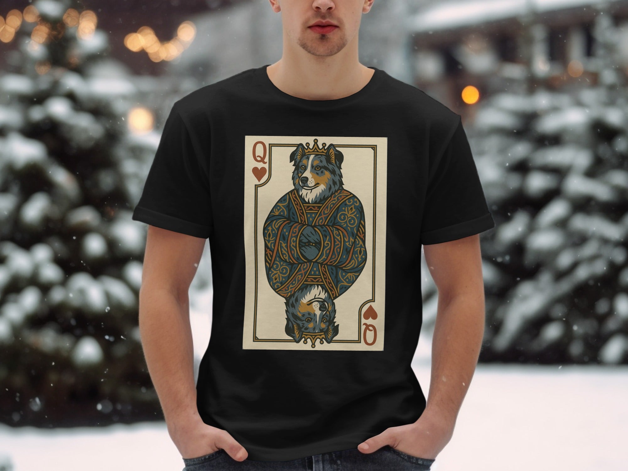 Black t-shirt featuring a Queen of Hearts playing card design with a dog.