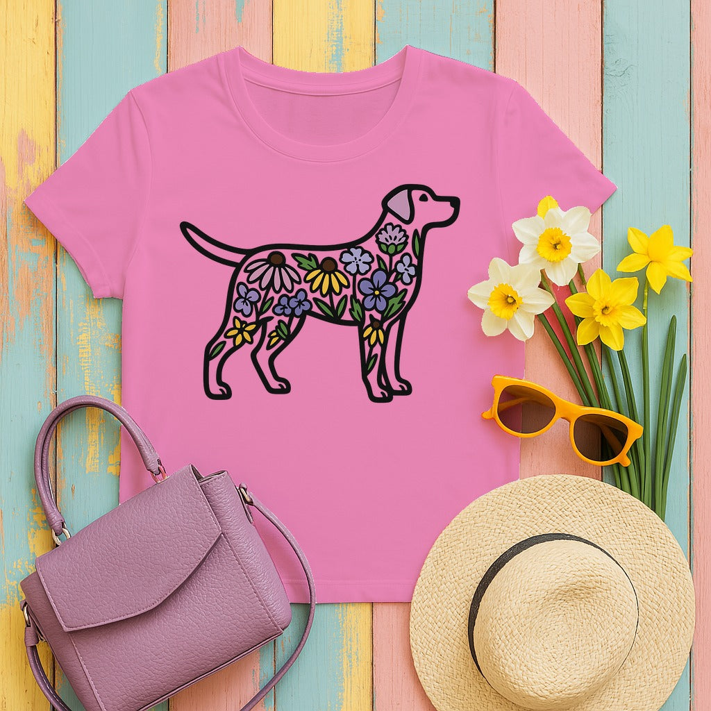 Dog Silhouette Filled with Flowers Graphic Art T-Shirt in Azalea