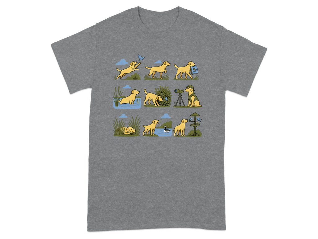 Cartoon sequence of a yellow dog in outdoor scenes with birds, water, and a hunter.