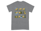 Cartoon sequence of a yellow dog in outdoor scenes with birds, water, and a hunter.