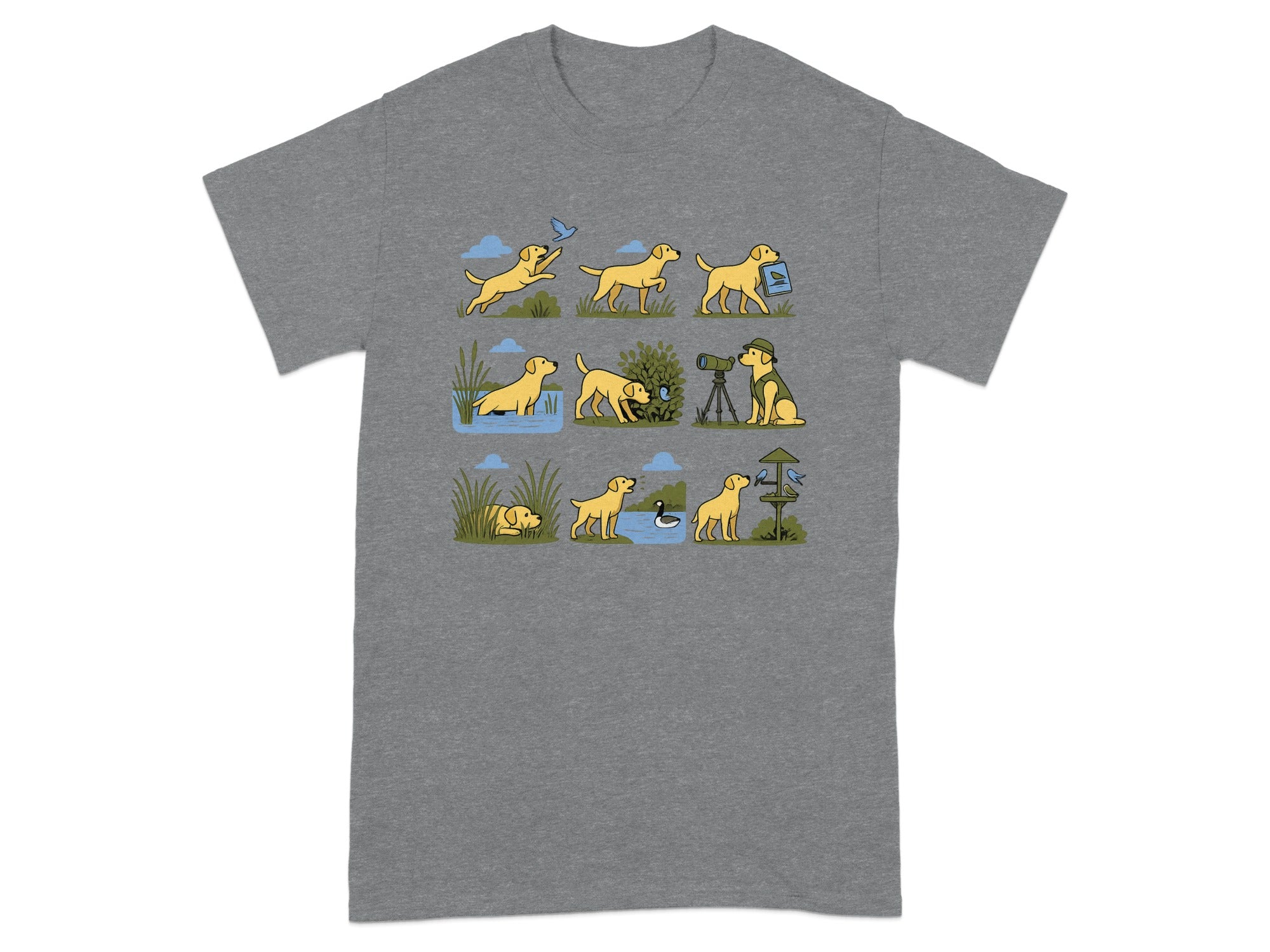 Cartoon sequence of a yellow dog in outdoor scenes with birds, water, and a hunter.