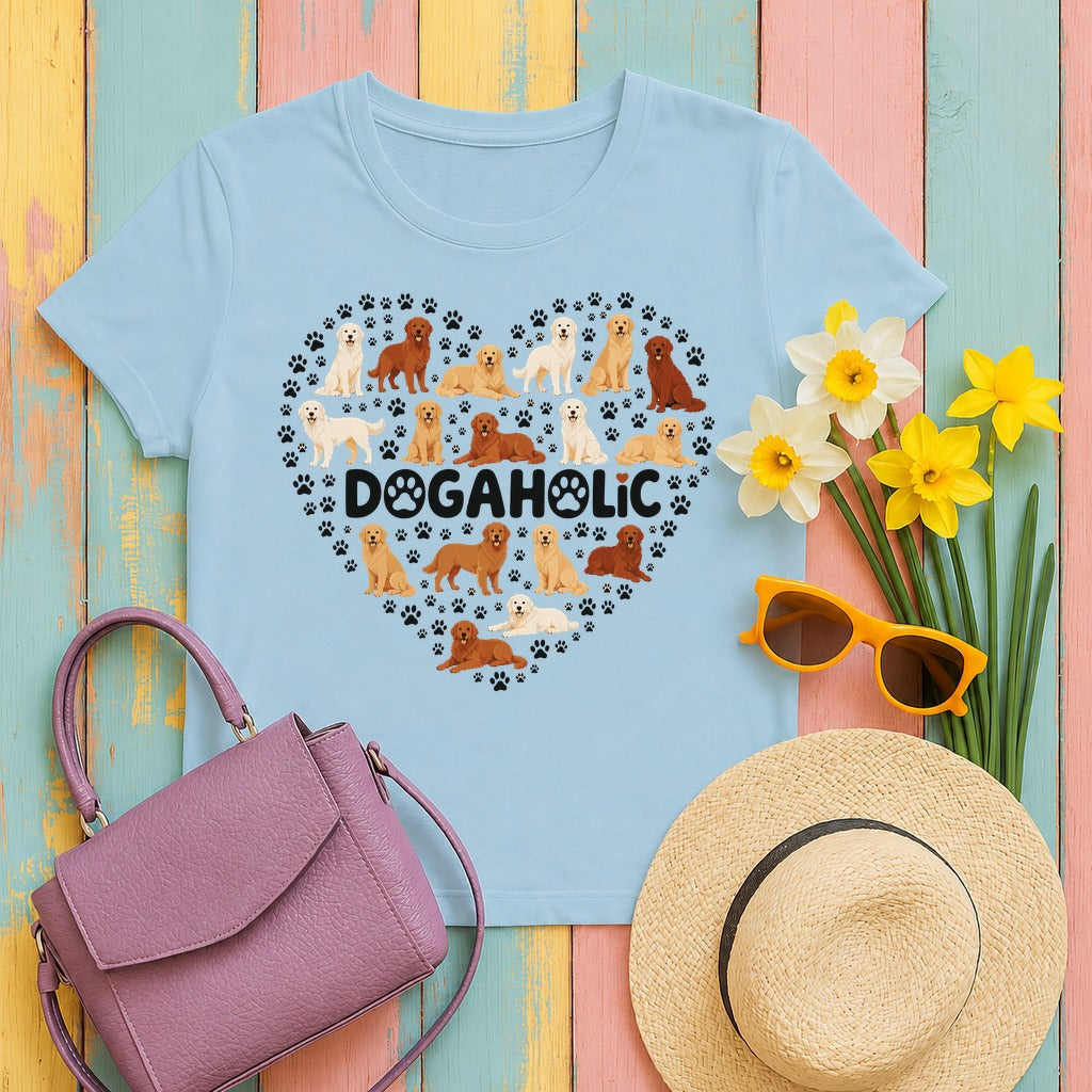 Golden Retriever Dogaholic Heart T-Shirt in Light Blue