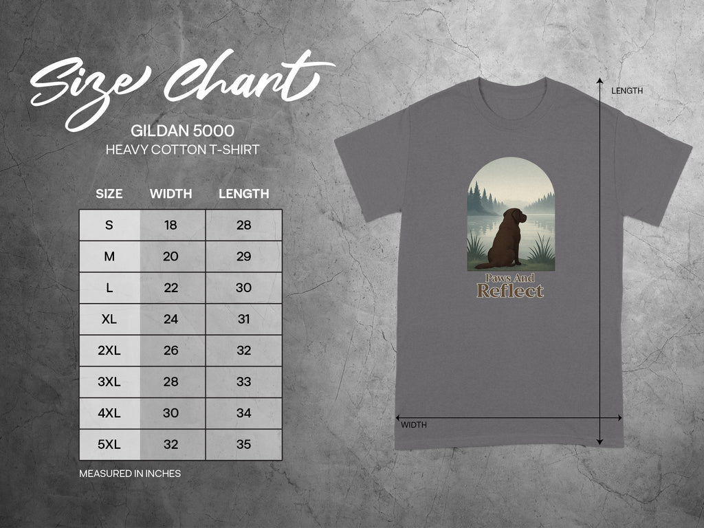 Gildan 5000 Heavy Cotton T-shirt size chart with width and length measurements for sizes S-5XL.