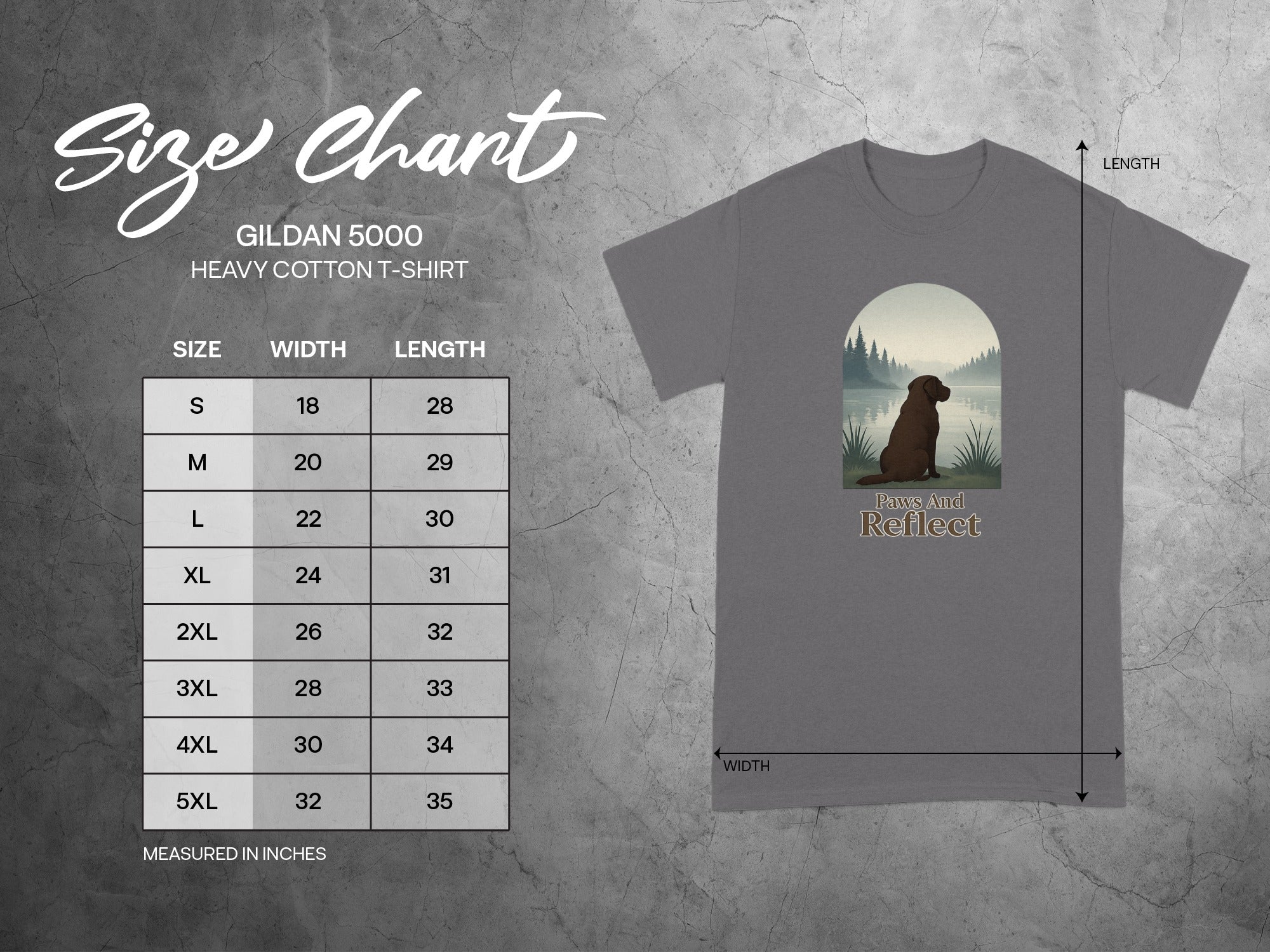 Gildan 5000 Heavy Cotton T-shirt size chart with width and length measurements for sizes S-5XL.