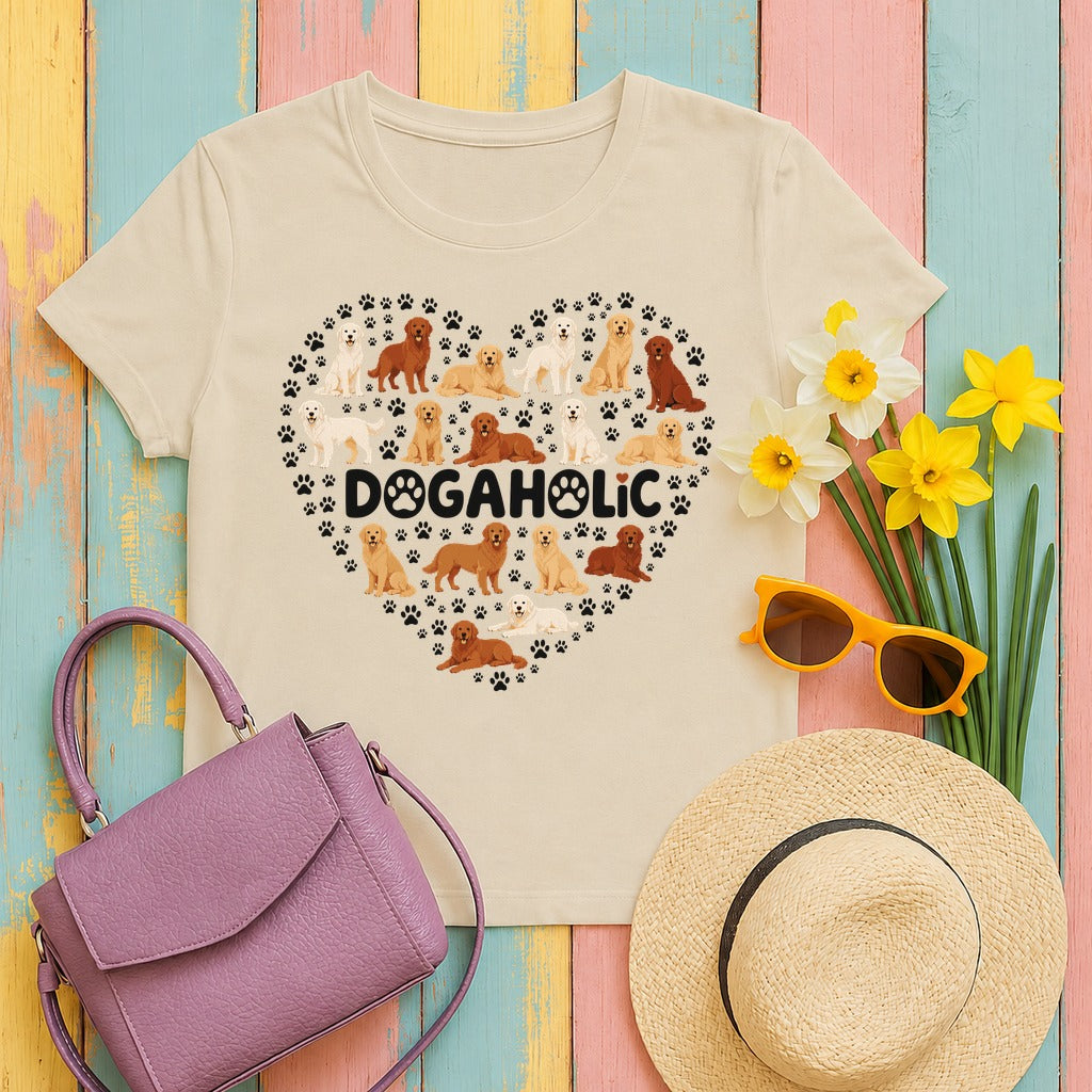 Golden Retriever Dogaholic Heart T-Shirt in Sand