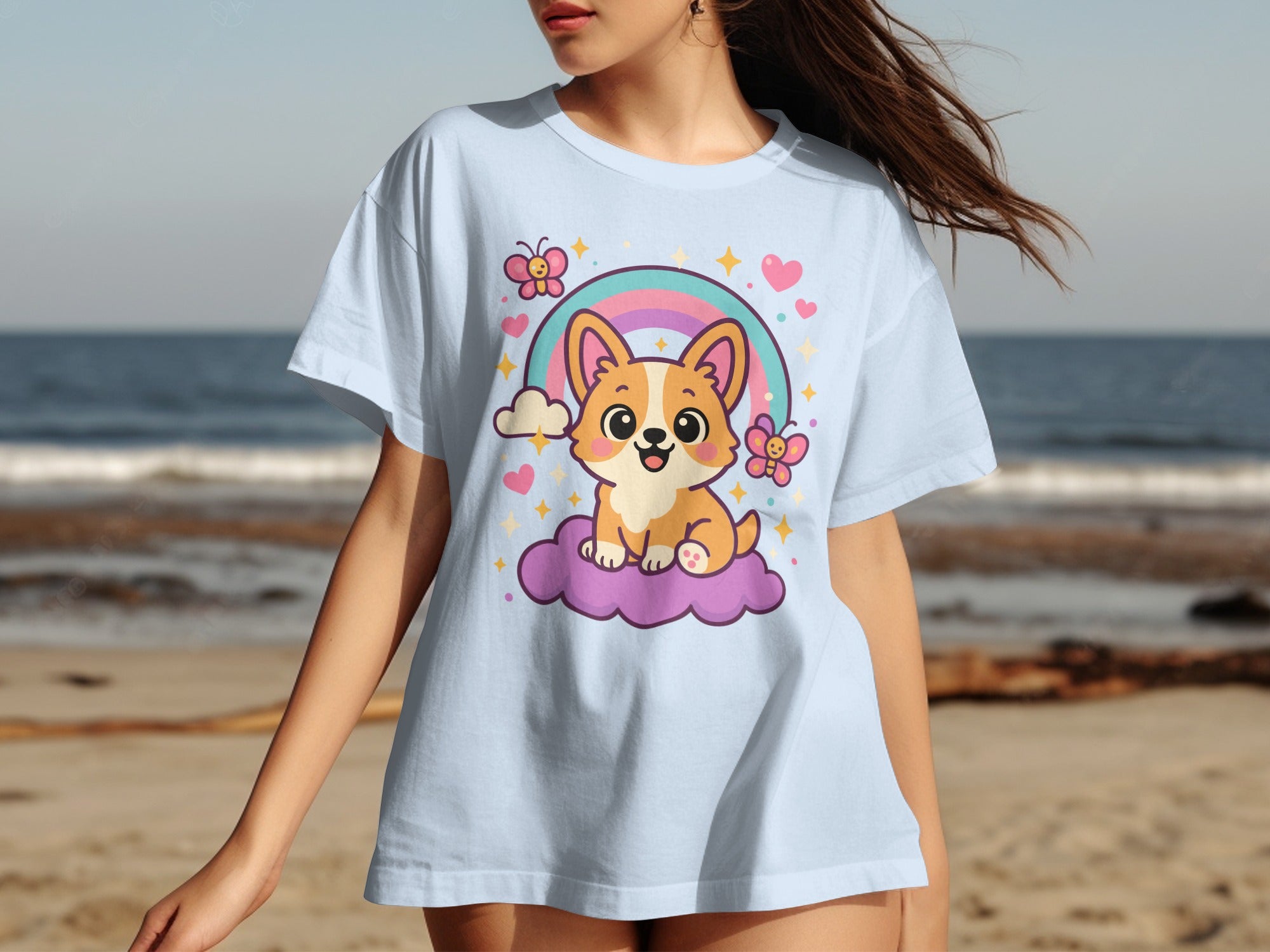 Cute Corgi Rainbow Graphic Casual Wear T-shirt