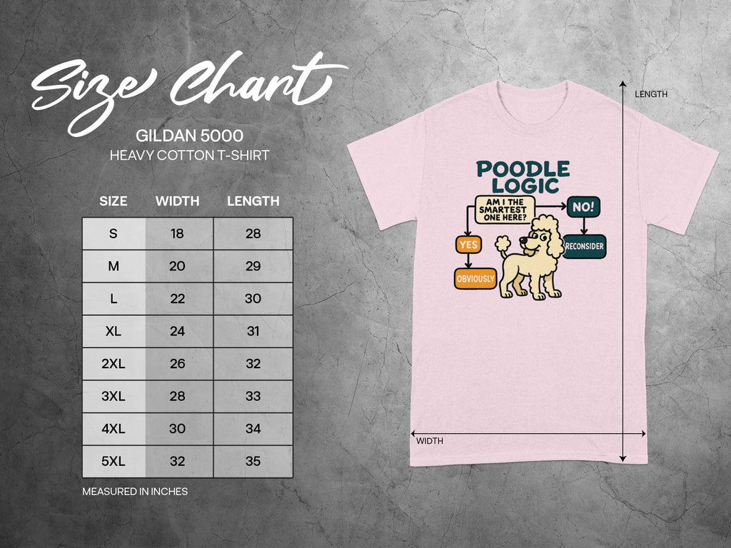GILDAN 5000 size chart with "Poodle Logic" graphic on a pink t-shirt.