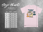 GILDAN 5000 size chart with "Poodle Logic" graphic on a pink t-shirt.