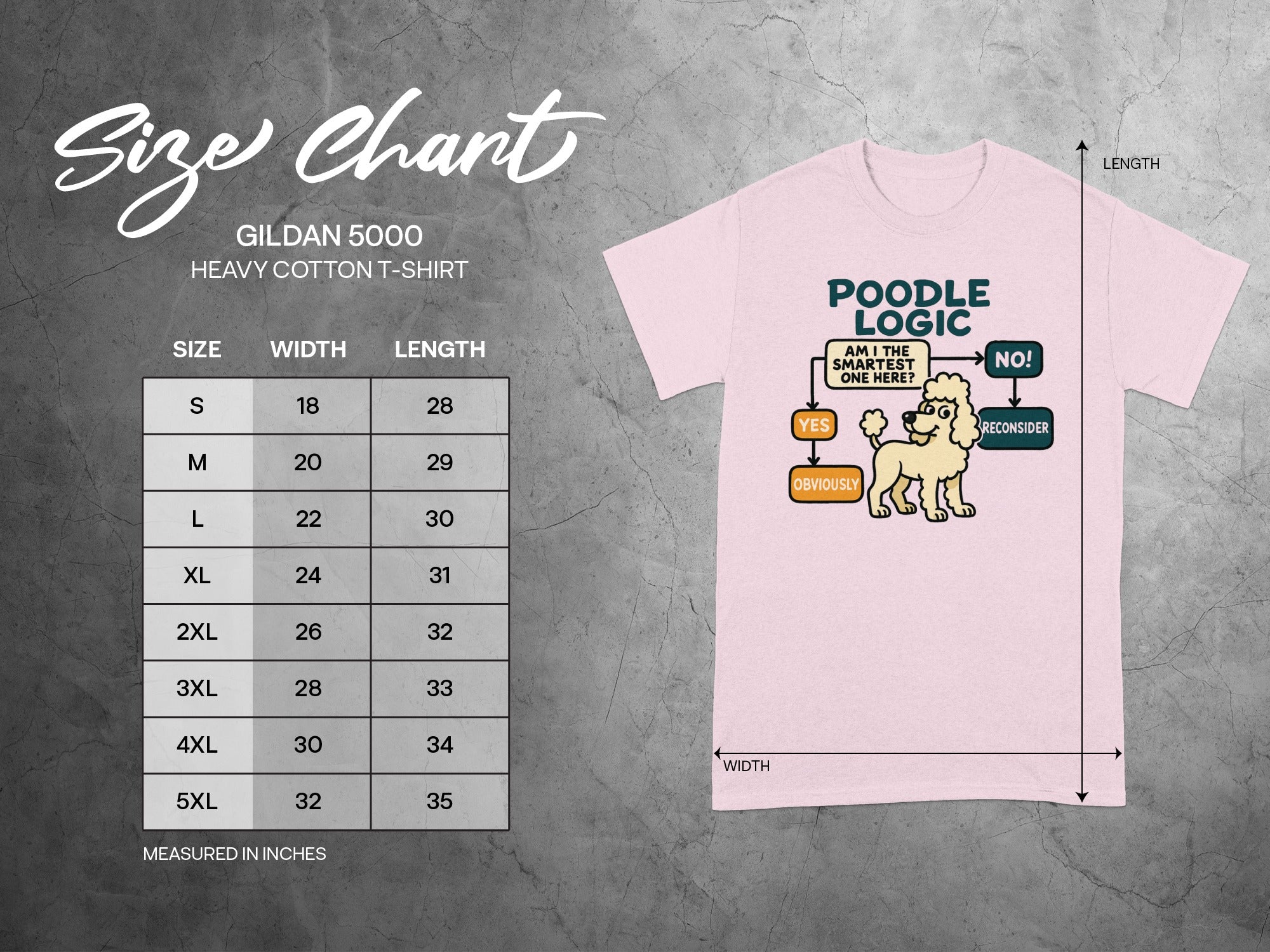 GILDAN 5000 size chart with "Poodle Logic" graphic on a pink t-shirt.