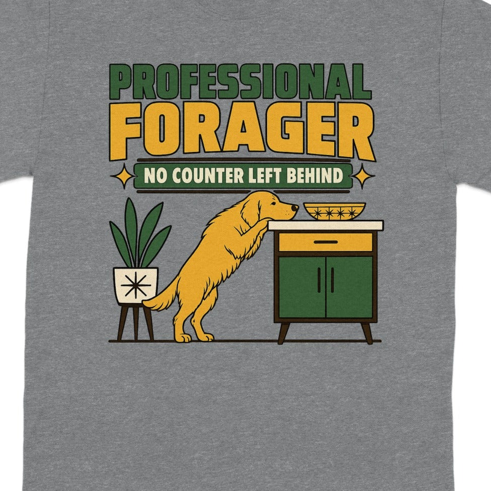 Dog reaching for food on a counter with text "Professional Forager."