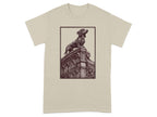 T-shirt with a sepia-toned dachshund illustration on ornate stone architecture.