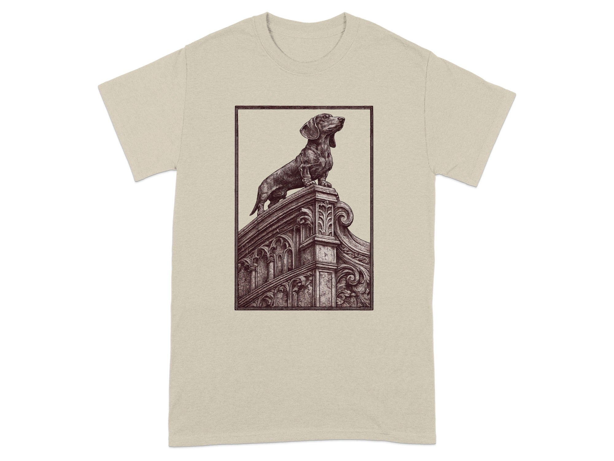 T-shirt with a sepia-toned dachshund illustration on ornate stone architecture.