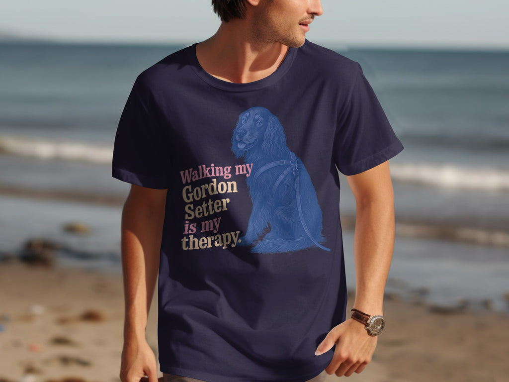 Dark blue t-shirt with a blue Gordon Setter illustration and "Walking my Gordon Setter is my therapy." text.