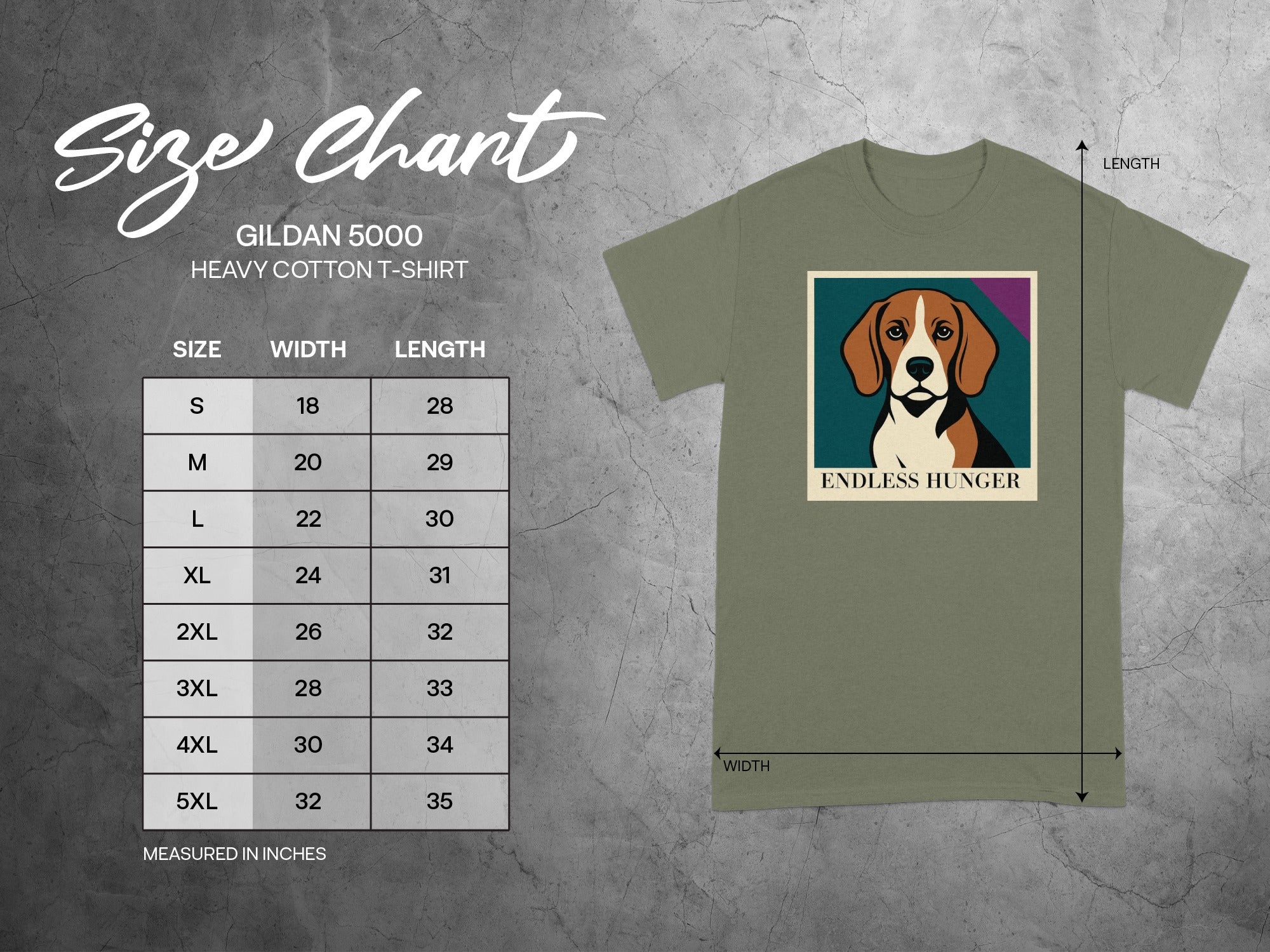Gildan 5000 size chart featuring a beagle graphic and "Endless Hunger" text.