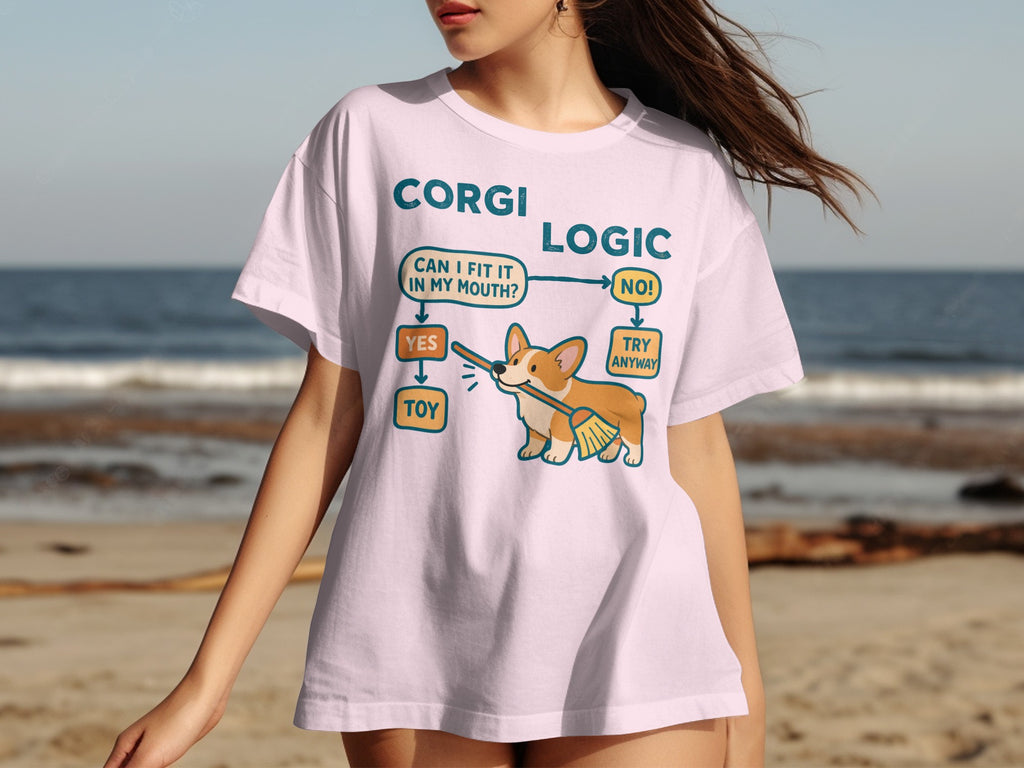 Pink t-shirt with a cartoon corgi and "Corgi Logic" flowchart.