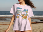 Pink t-shirt with a cartoon corgi and "Corgi Logic" flowchart.
