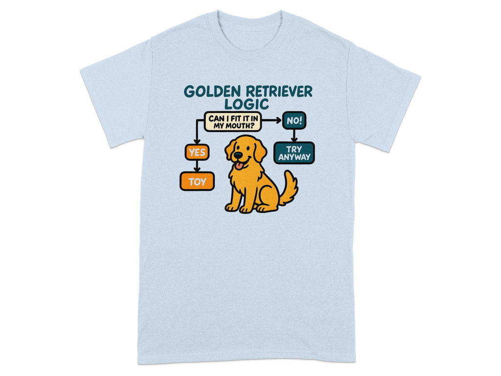Light blue tee with "Golden Retriever Logic" flowchart featuring a cartoon dog.