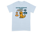 Light blue tee with "Golden Retriever Logic" flowchart featuring a cartoon dog.